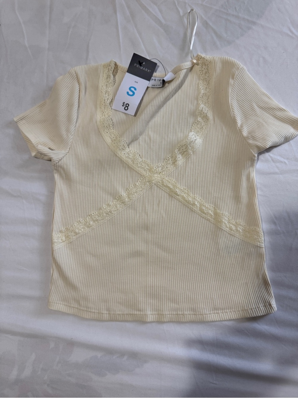 NWT Primark Cream Ribbed Short Sleeve Lace Trim Baby Tee
